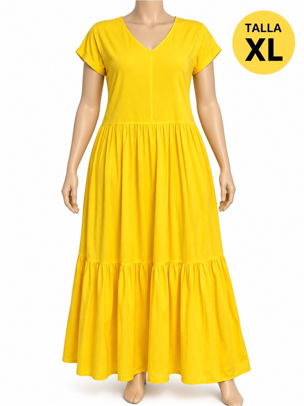 Yellow V-Neck Tiered Maxi Dress - Unbranded